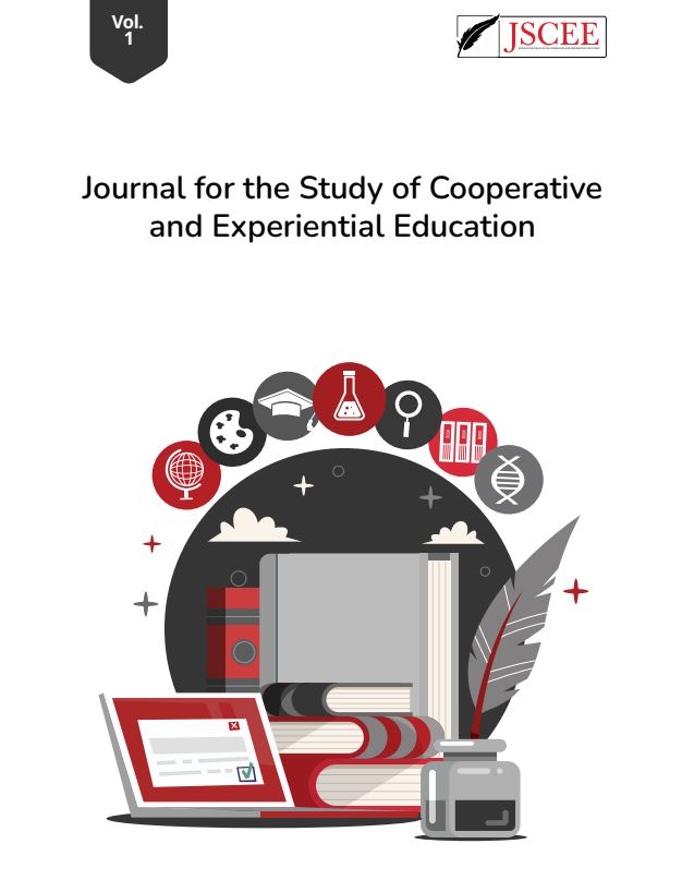 The title of the journal is "Journal for the Study of Cooperative and Experiential Education." This is Volume 1 Issue 1. Included is a design image of a laptop, books, and an ink well. There are also small images enclosed in circles including a globe, art palette, graduation cap, beaker, magnifying class, books, and DNA. Everything is themed in red, black, and grays.