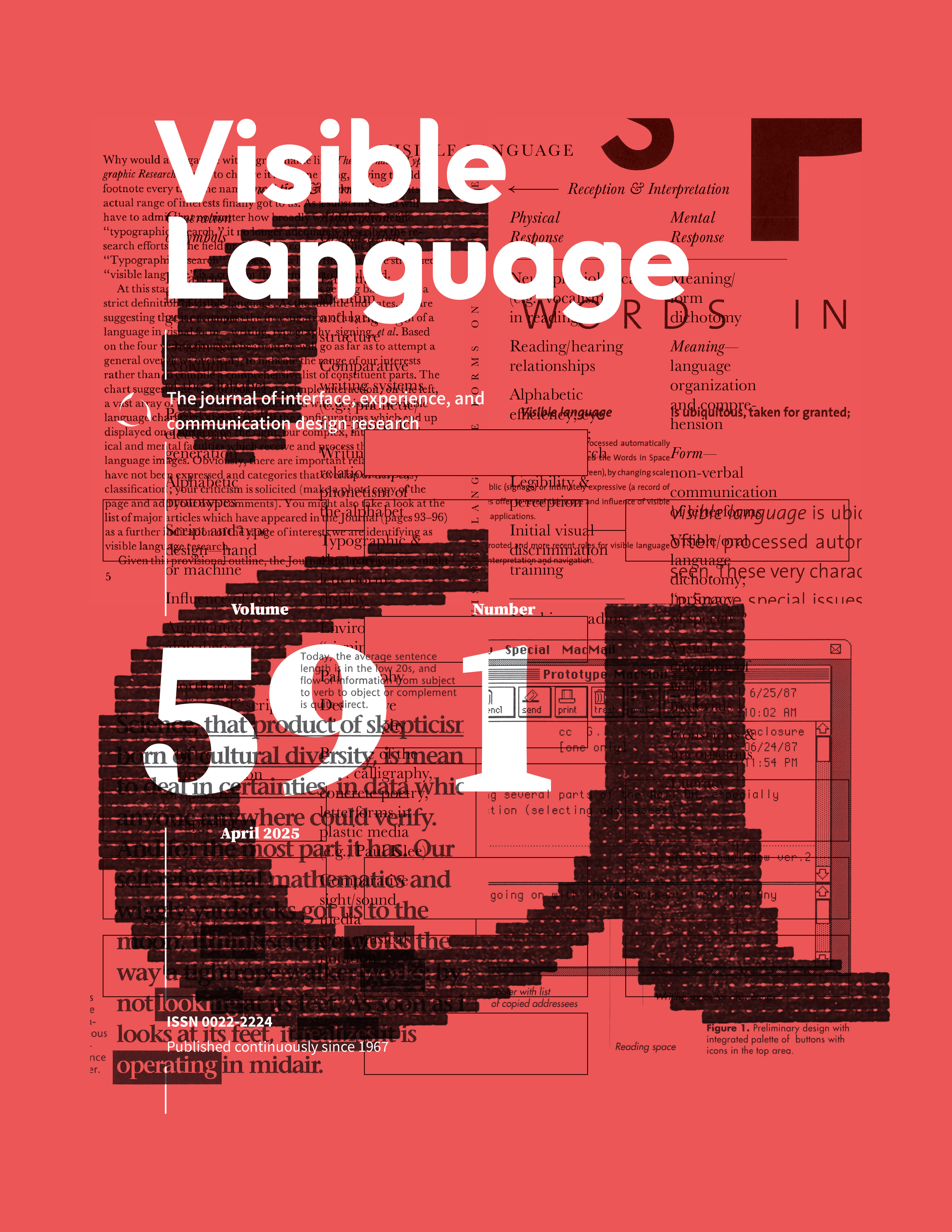 A partial but massive, pixelated, lowercase “a” is layered along with other graphic elements over a red background. The title for an academic journal is visible in white above: Visible Language, volume 59, number 1, April 2025.