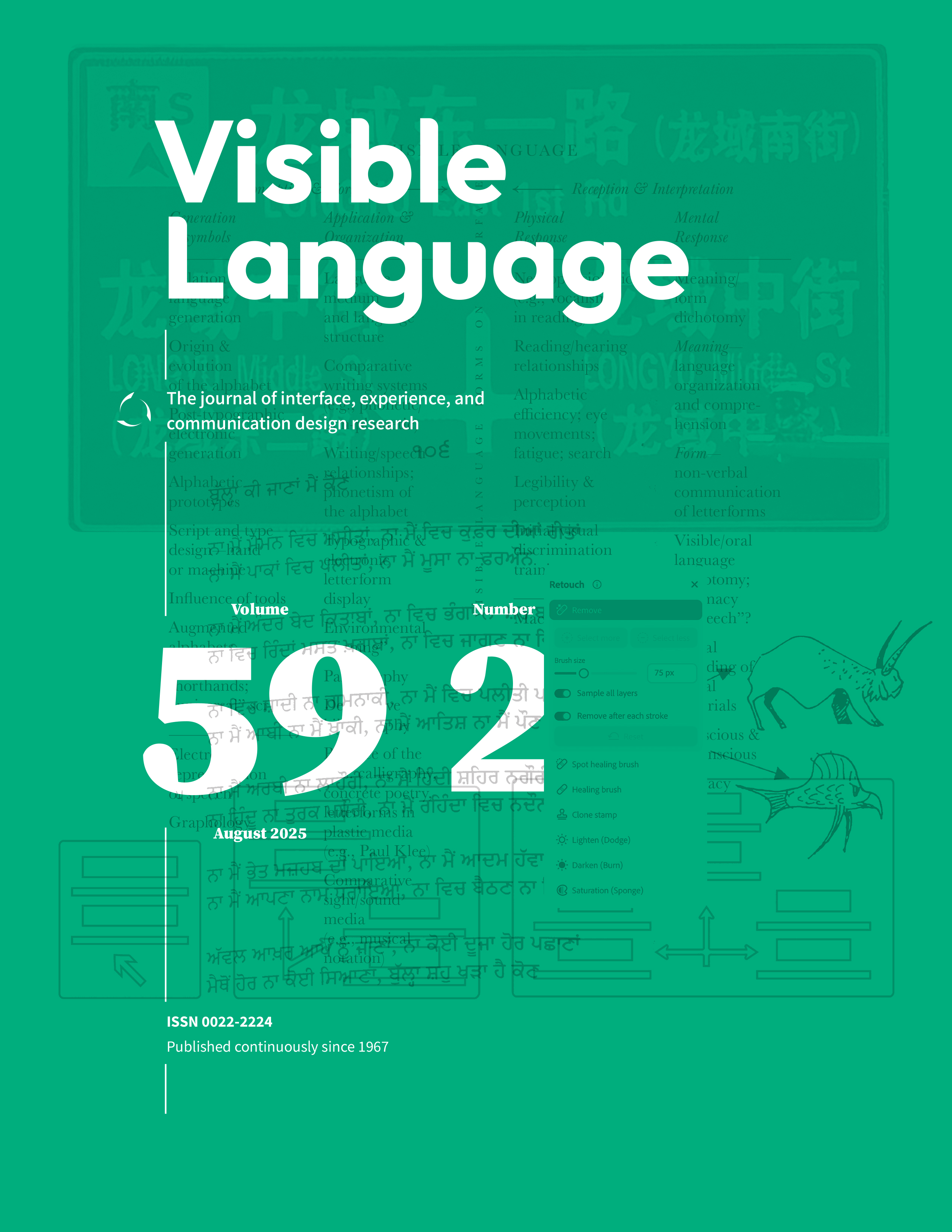 A collage of imagery sits lightly atop a green background. What’s in the foreground, you ask? Well, it’s a simple title for the journal Visible Language, for volume 59, number 2, published August 2025.